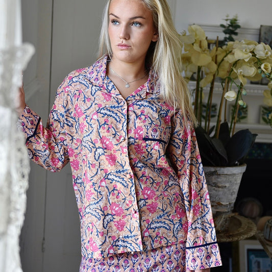 Apricot, Navy & Persian Red Mixed Block Print Pyjamas