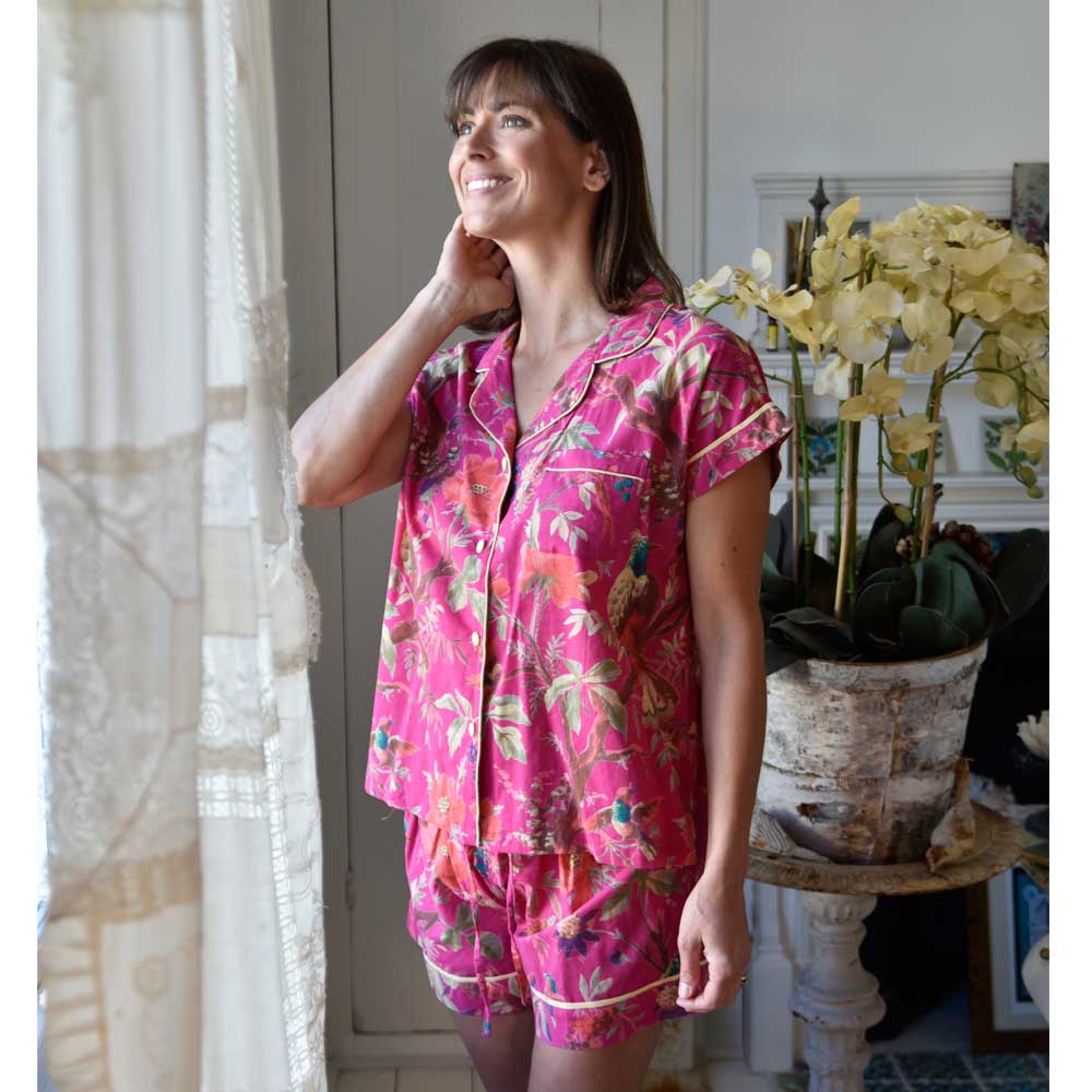 Hot Pink Bird Short Pyjama Set With Piping