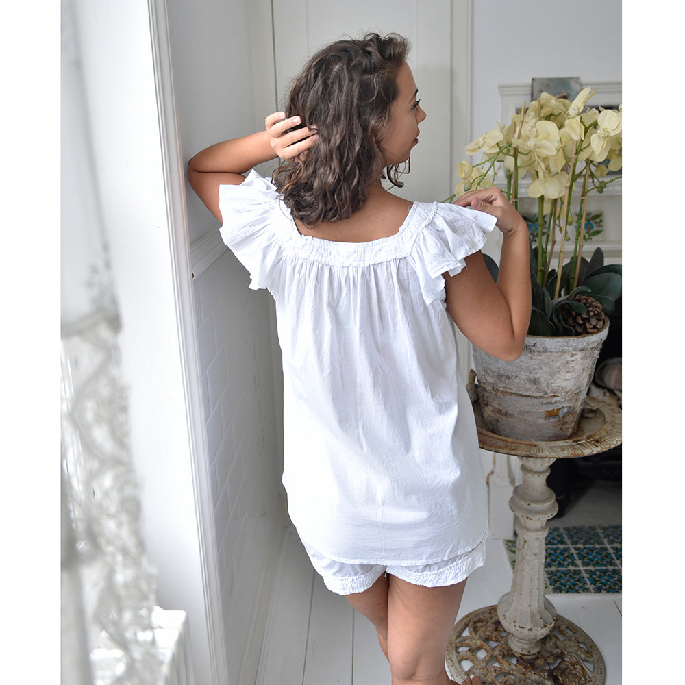 Frilly Cap Sleeved White Shortie Pyjama Set