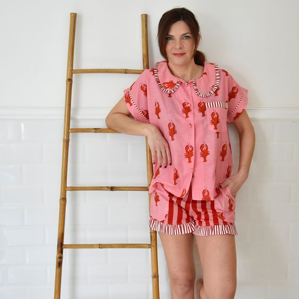 Pink & Red Lobster Shortie Pyjama Set With Peter Pan Collar