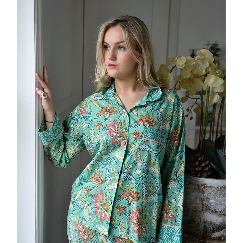 Turquoise, Pink & Olive Block Floral Print Pyjamas
