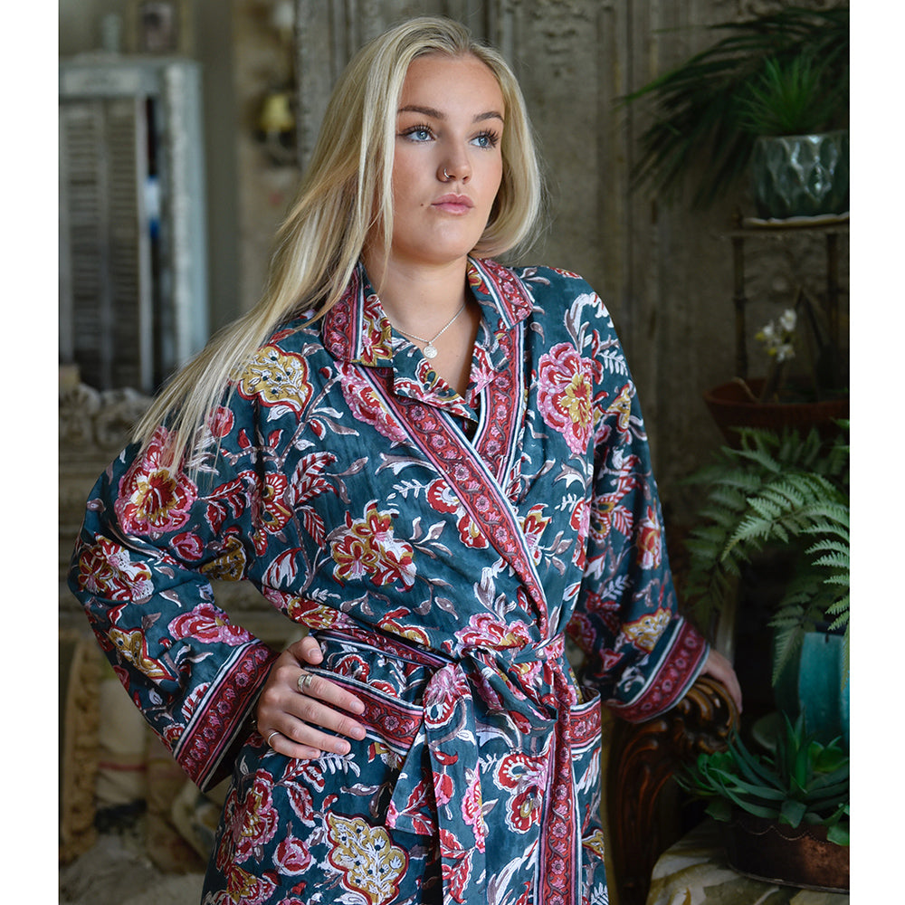Pine Green, Red, Pink & Mustard Block Print Dressing Gown
