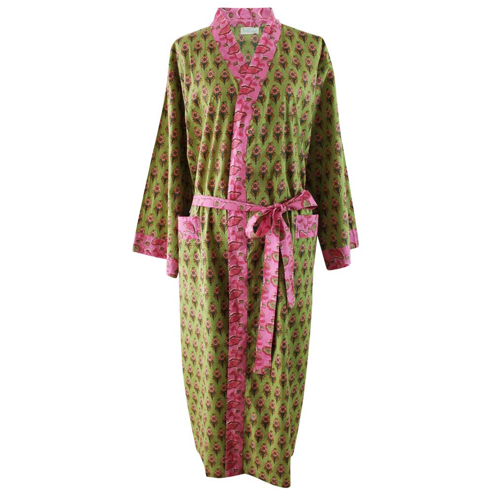 Lime Green & Pink Small Block Print Dressing Gown