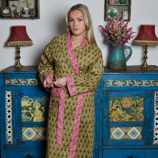 Lime Green & Pink Small Block Print Dressing Gown