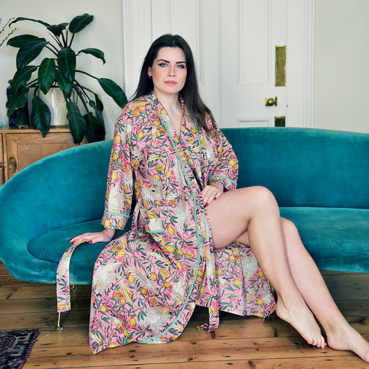 Pink Tropical Bird & Pomegranate Print Dressing Gown