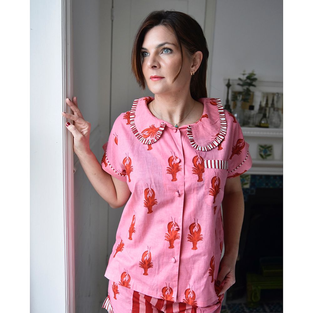 Pink & Red Lobster Shortie Pyjama Set With Peter Pan Collar