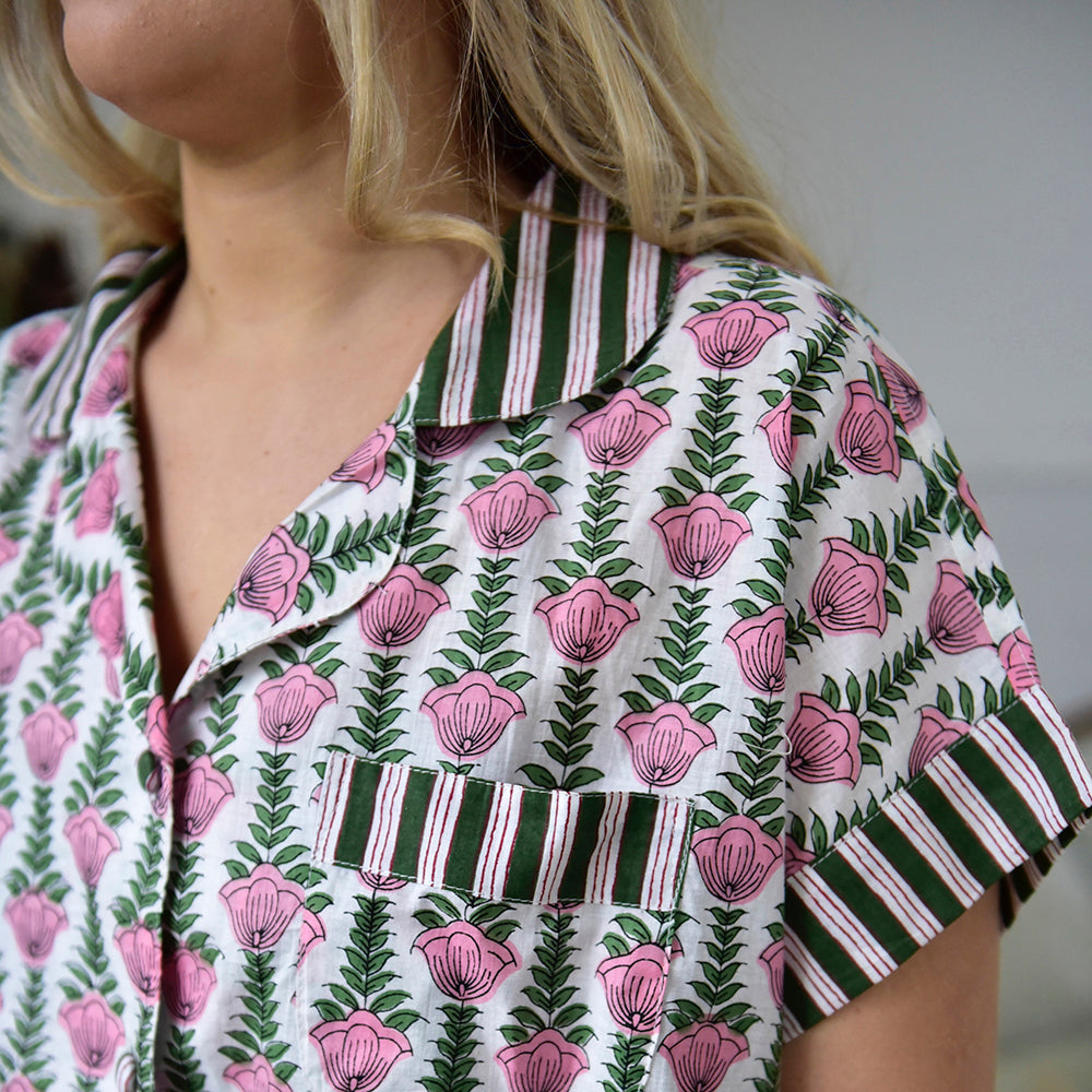 Pink & Green Damask Style Floral Print Short Pyjama Set