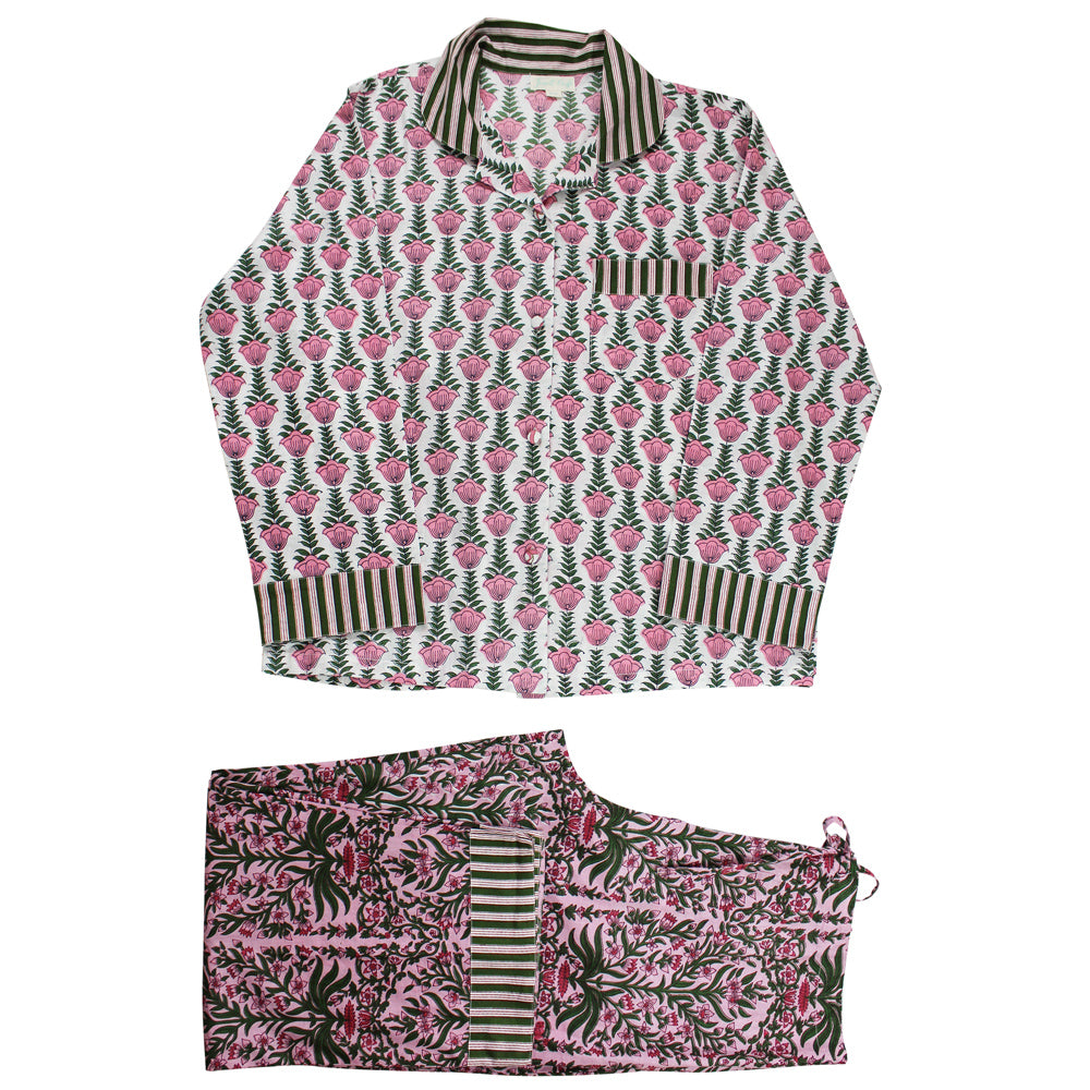 Pink & Green Damask Style Floral Print Pyjamas