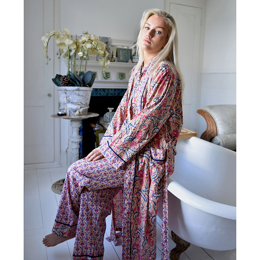 Apricot, Navy & Persian Red Mixed Block Print Dressing Gown