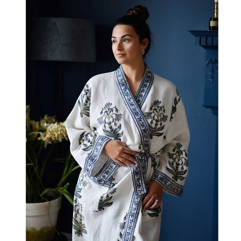 Blue Flower Waffle Dressing Gown