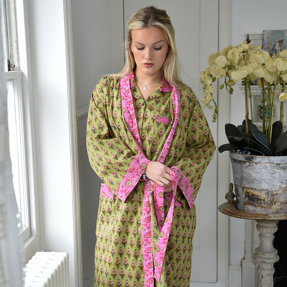 Lime Green & Pink Small Block Print Dressing Gown