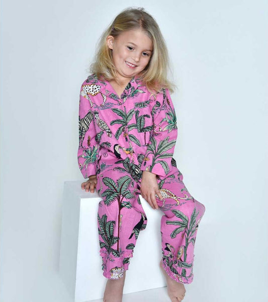 Pink Safari Print Button Down Girls Pyjamas