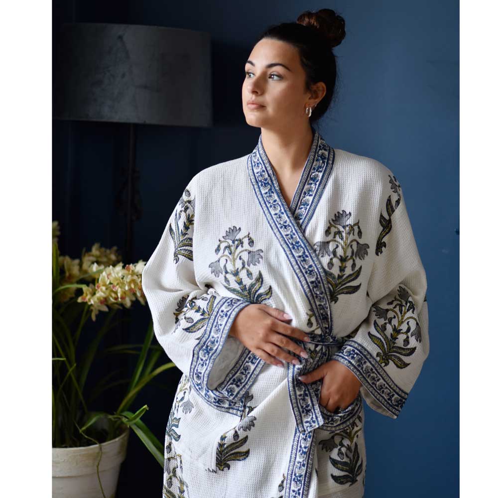 Blue Flower Waffle Dressing Gown