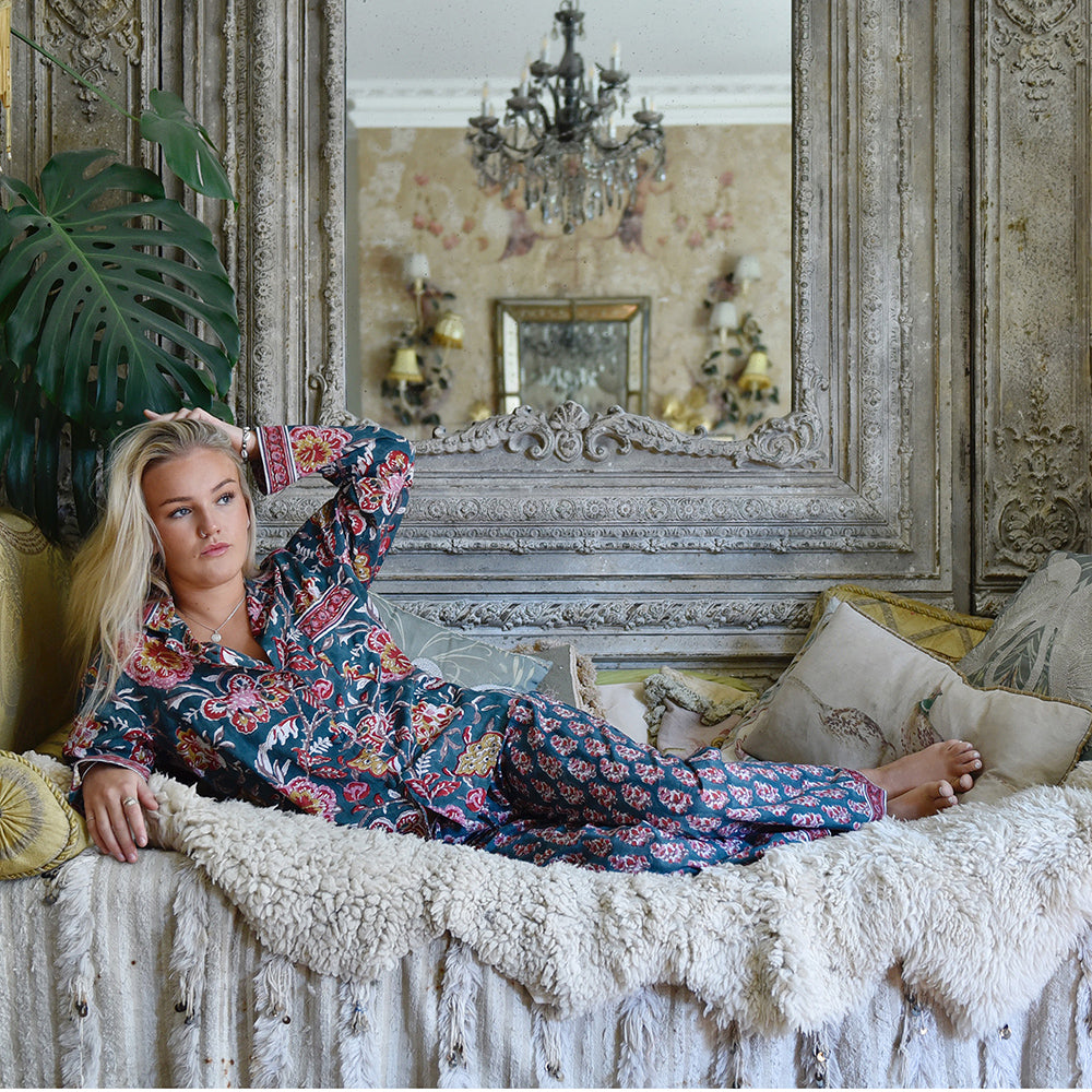 Pine Green, Red, Pink & Mustard Block Print Pyjamas