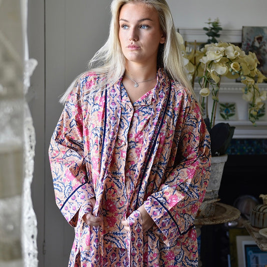 Apricot, Navy & Persian Red Mixed Block Print Dressing Gown