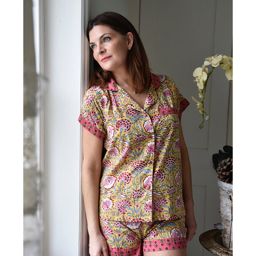 Yellow & Pink Carnation Print Short Pyjama Set