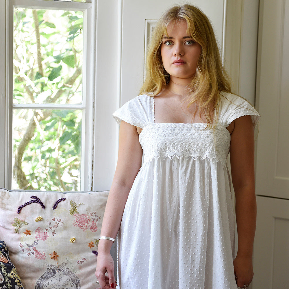 Maud, Capped Sleeve Swiss Dot Cotton Nightdress With Lace Panel