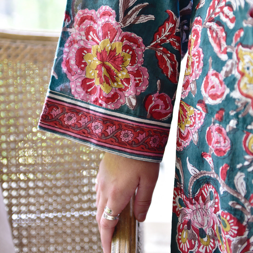 Pine Green, Red, Pink & Mustard Block Print Dressing Gown